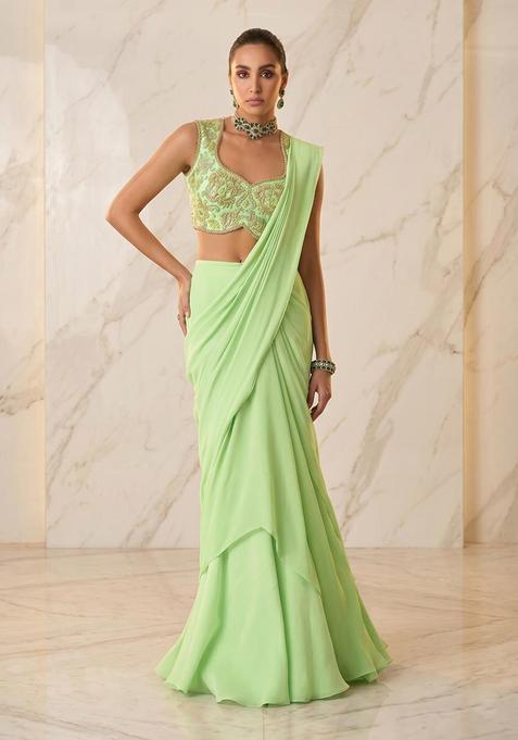 Pastel Green Embroidered Handwork Pre Draped Saree Set