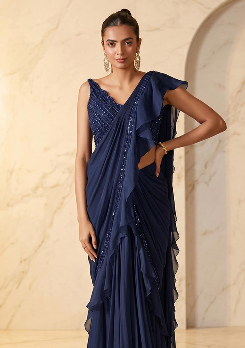 Navy Blue Embroidered Handwork Pre Draped Saree Set - Indya