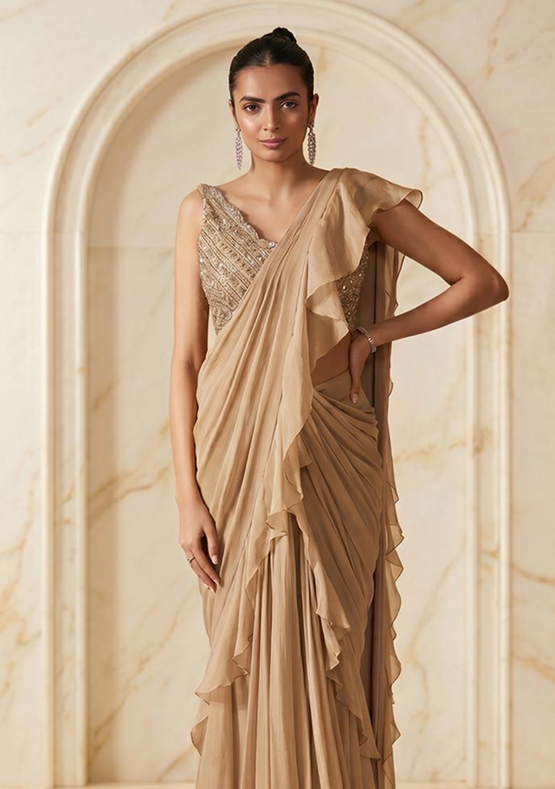 Beige Embroidered Handwork Pre Draped Saree Set - Indya
