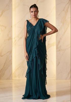 Dark Teal Embroidered Handwork Pre Draped Saree Set