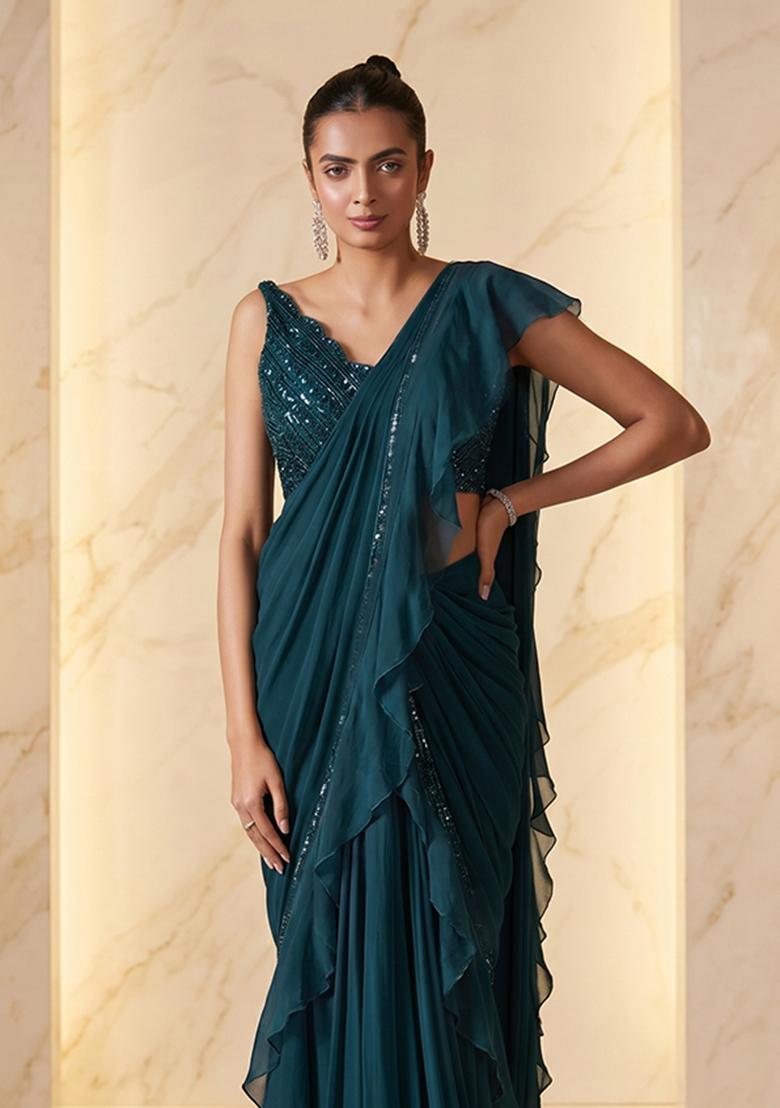 Dark Teal Embroidered Handwork Pre Draped Saree Set - Indya