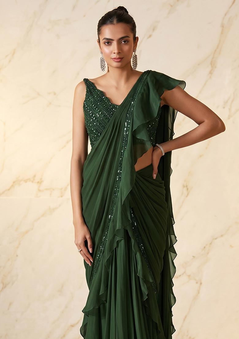 Dark Green Embroidered Handwork Pre Draped Saree Set - Indya