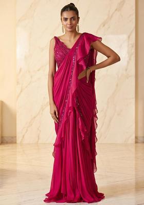 Rani Pink Embroidered Handwork Pre Draped Saree Set