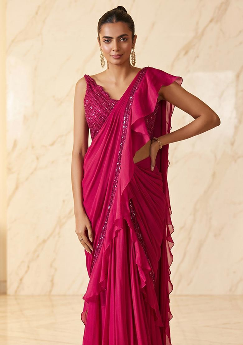 Rani Pink Embroidered Handwork Pre Draped Saree Set - Indya