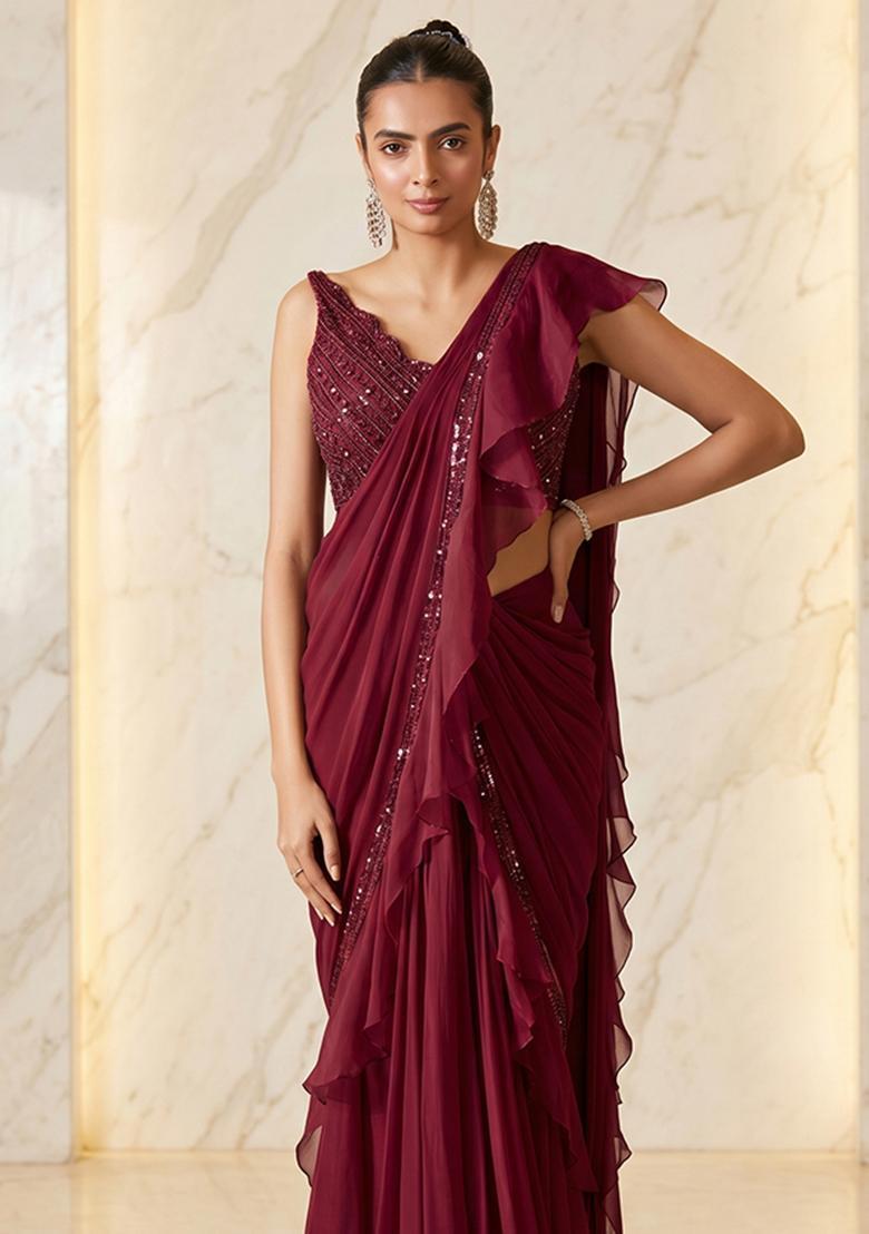 Maroon Embroidered Handwork Pre Draped Saree Set - Indya
