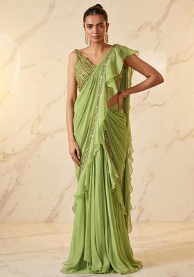 Light Green Embroidered Handwork Pre Draped Saree Set
