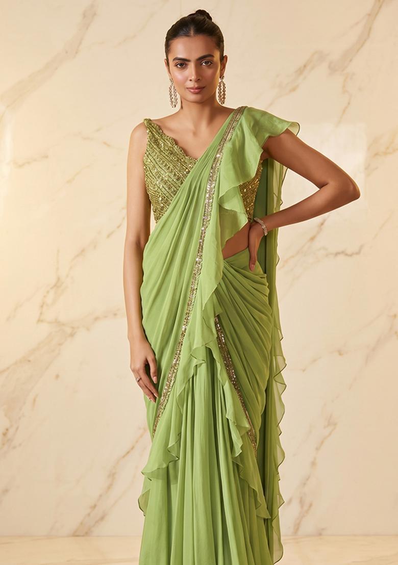 Light Green Embroidered Handwork Pre Draped Saree Set - Indya