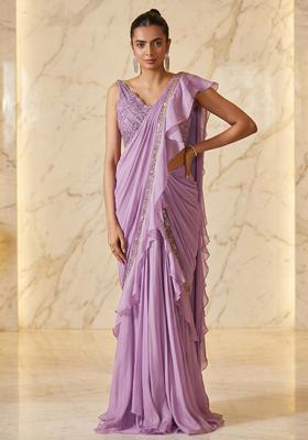 Lilac Embroidered Handwork Pre Draped Saree Set