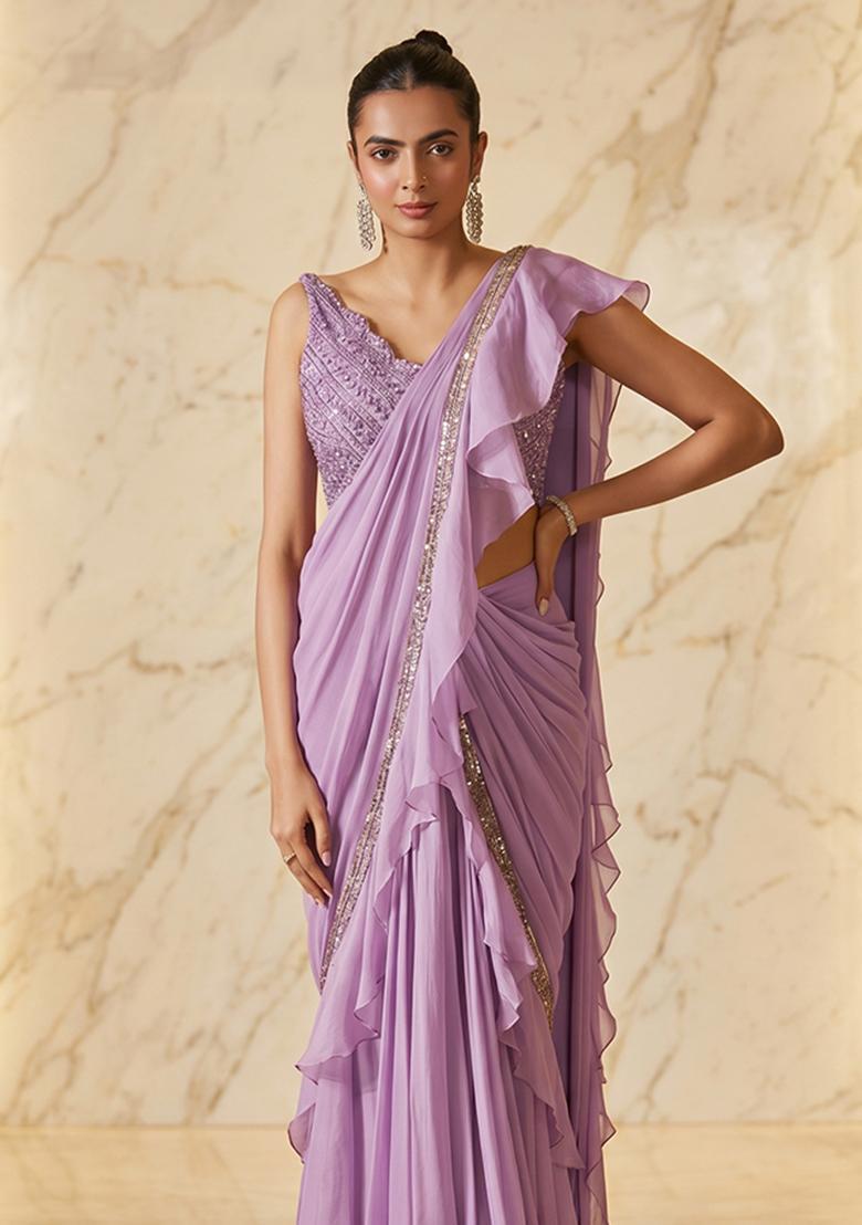 Lilac Embroidered Handwork Pre Draped Saree Set - Indya