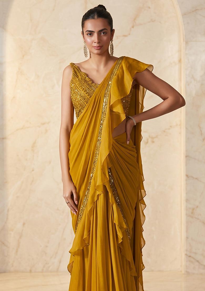 Mustard Yellow Embroidered Handwork Pre Draped Saree Set - Indya