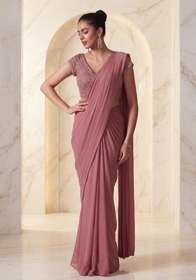 Mauve Embroidered Handwork Pre Draped Saree Set