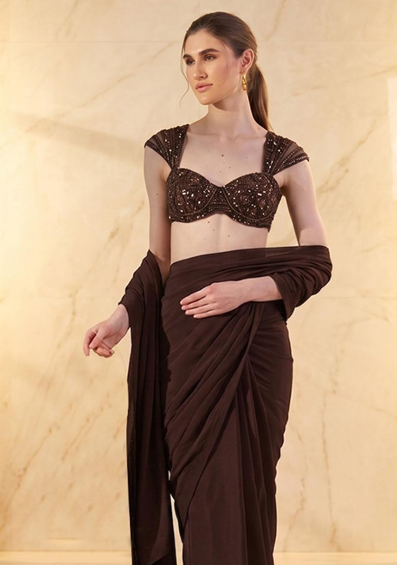 Dark Brown Embroidered Handwork Pre Draped Saree Set - Indya