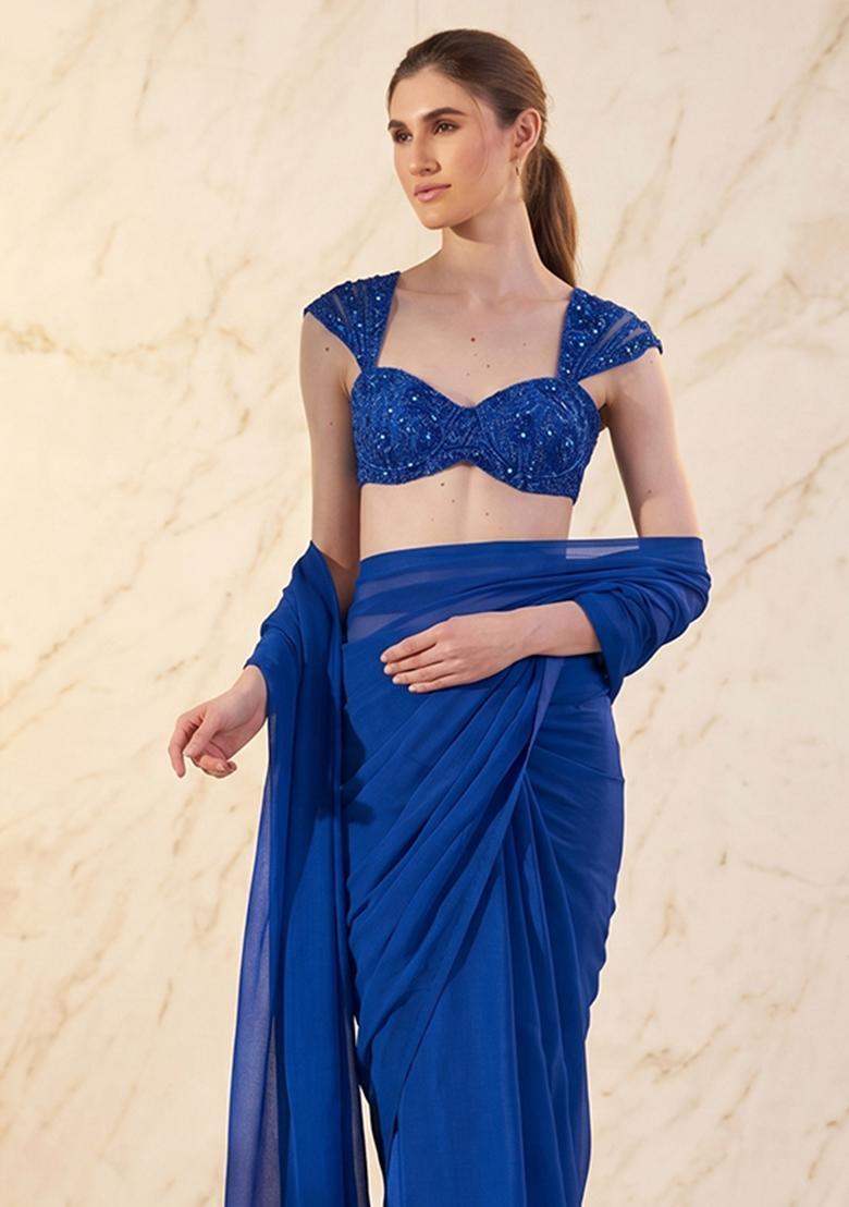 Blue Embroidered Handwork Pre Draped Saree Set - Indya
