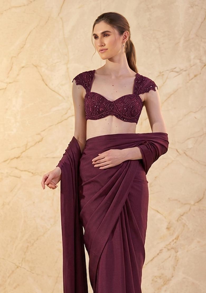 Wine Embroidered Handwork Pre Draped Saree Set - Indya