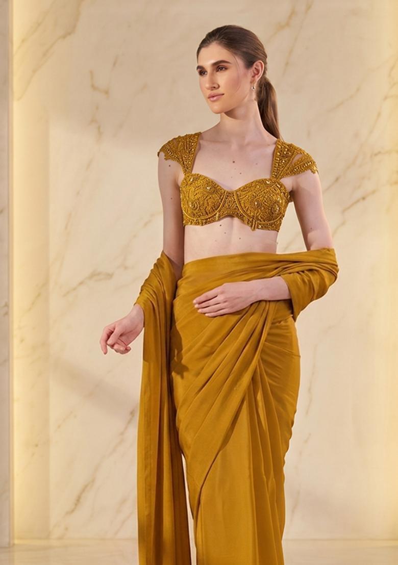 Mustard Yellow Embroidered Handwork Pre Draped Saree Set - Indya