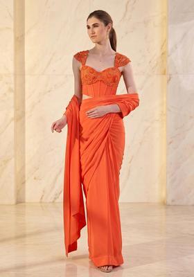 Orange Embroidered Handwork Pre Draped Saree Set