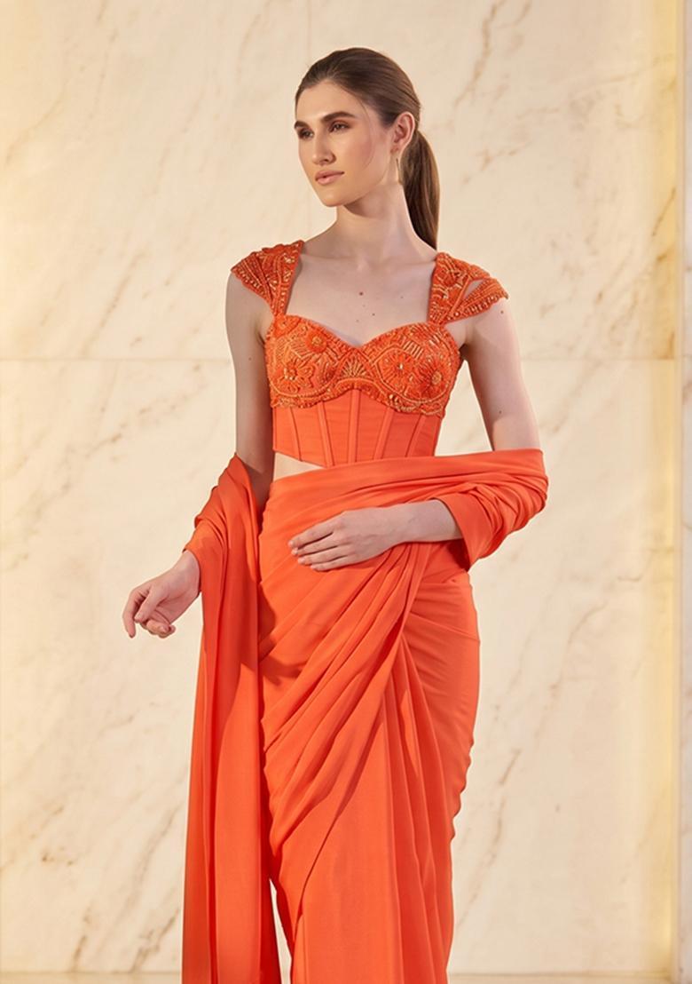 Orange Embroidered Handwork Pre Draped Saree Set - Indya