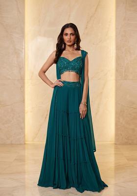 Teal Embroidered Handwork Fusion Set