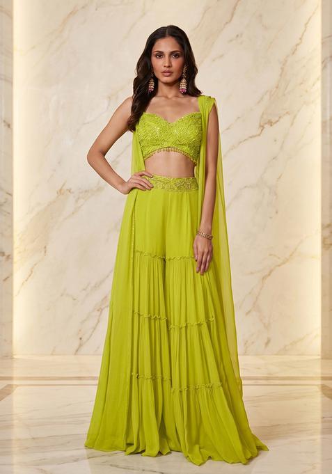 Lime Green Embroidered Handwork Fusion Set