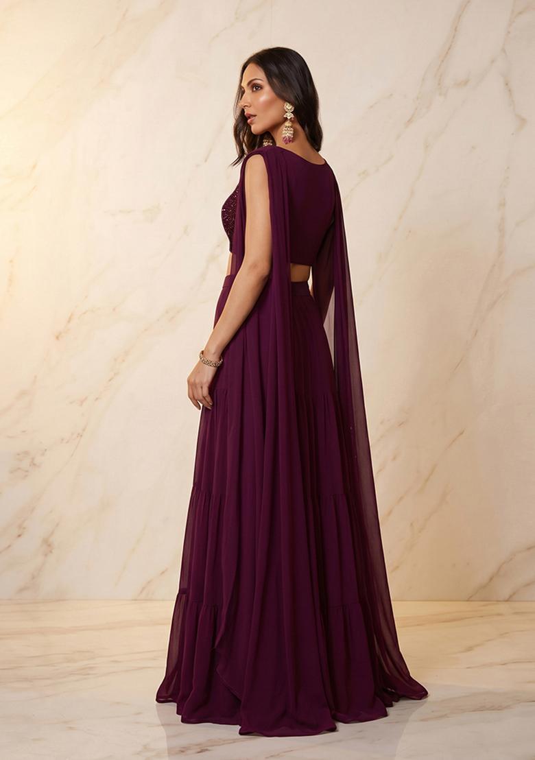 Wine Embroidered Handwork Fusion Set - Indya