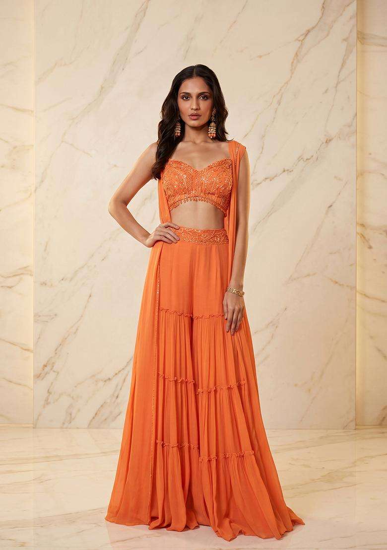 Peach Embroidered Handwork Fusion Set - Indya