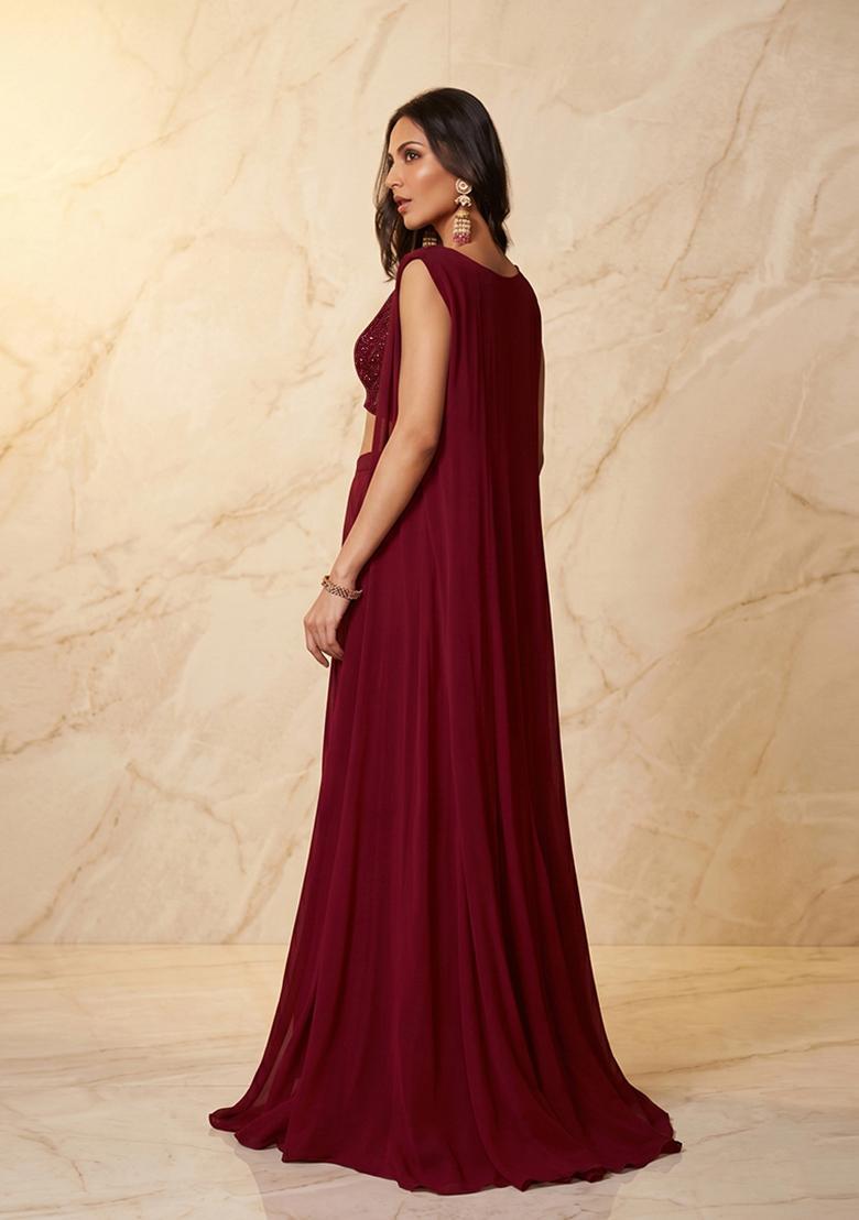 Deep Red Embroidered Handwork Fusion Set - Indya