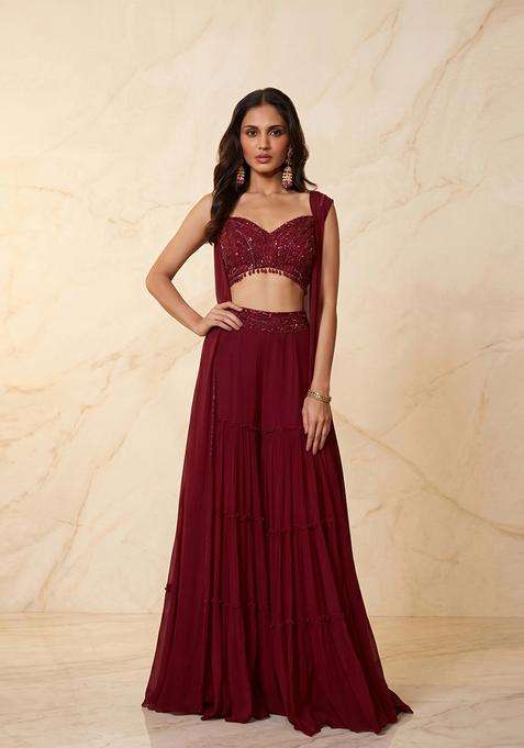 Deep Red Embroidered Handwork Fusion Set