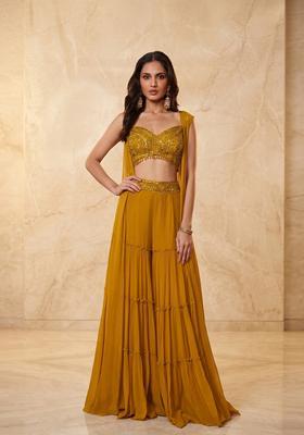 Mustard Yellow Embroidered Handwork Fusion Set