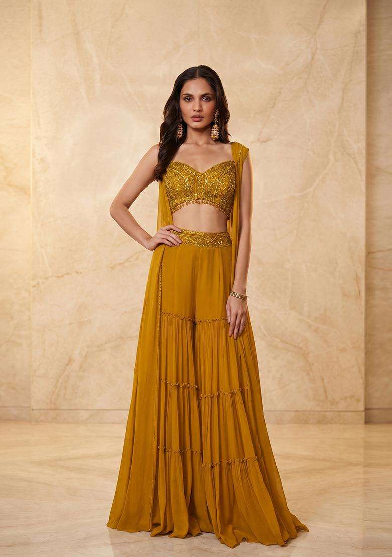 Mustard Yellow Embroidered Handwork Fusion Set - Indya