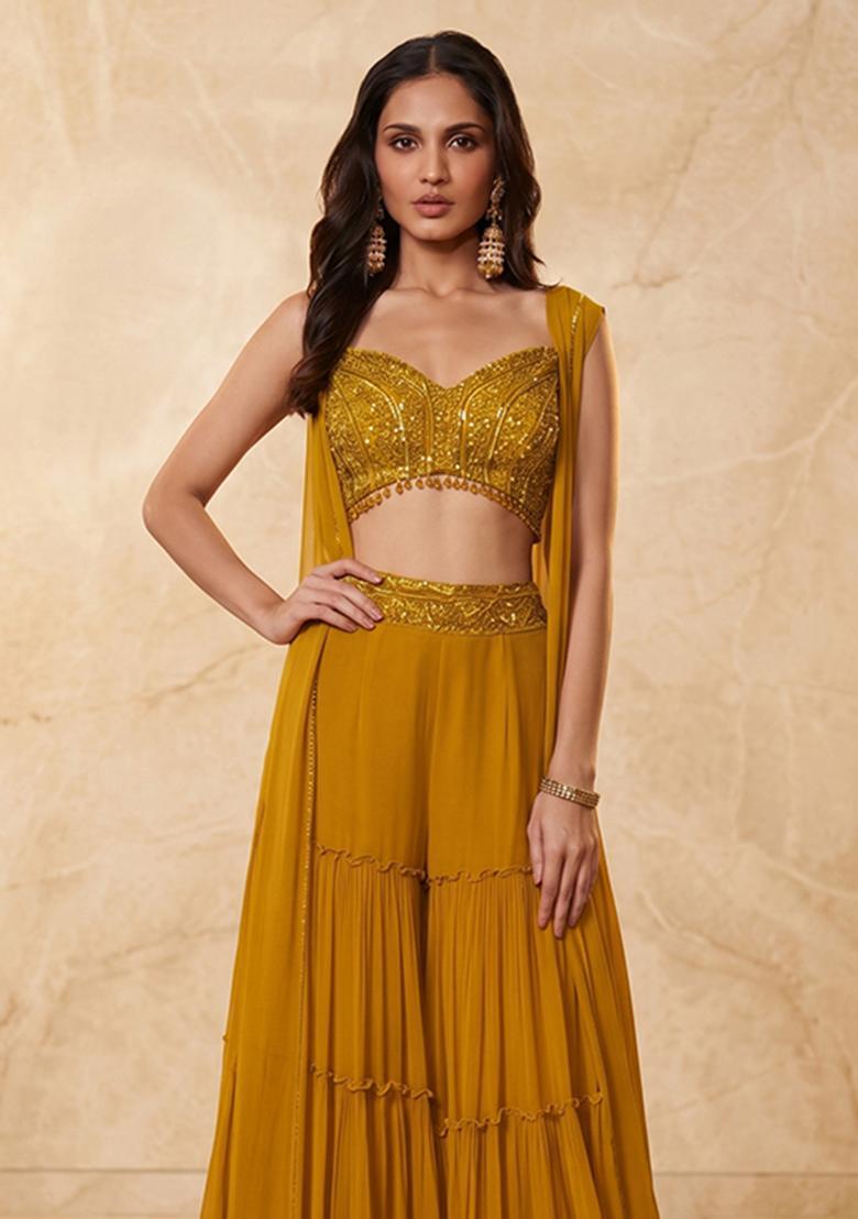 Mustard Yellow Embroidered Handwork Fusion Set - Indya