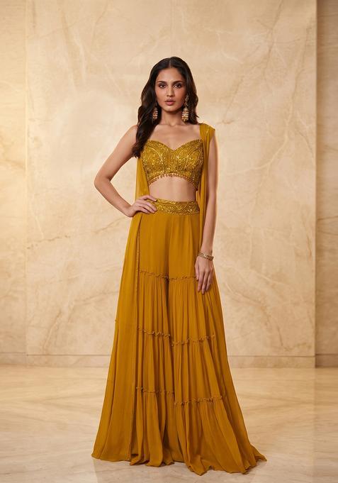Mustard Yellow Embroidered Handwork Fusion Set