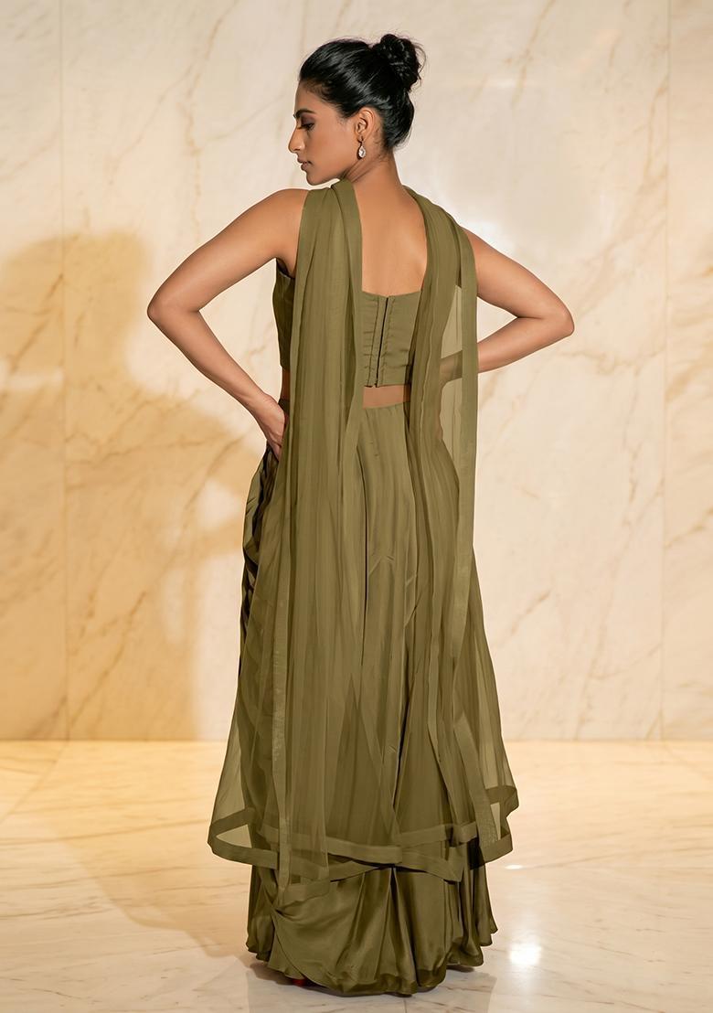 Olive Embroidered Handwork Fusion Set - Indya