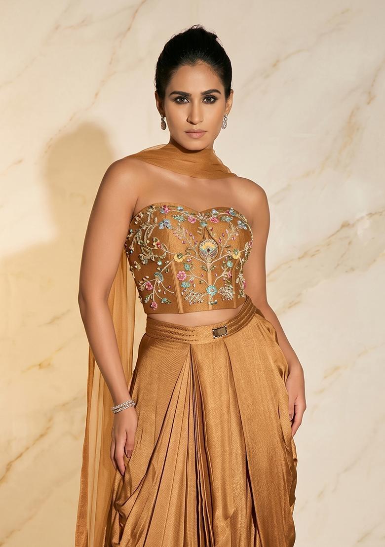 Beige Embroidered Handwork Fusion Set - Indya