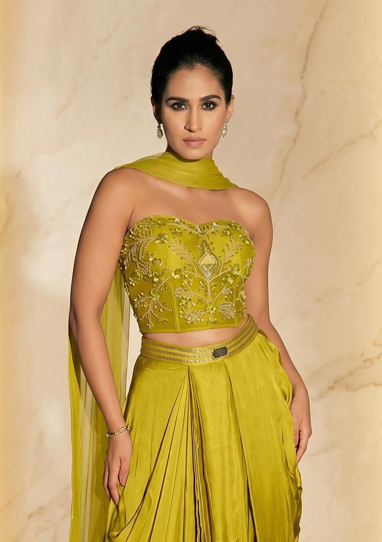 Lime Green Embroidered Handwork Fusion Set - Indya