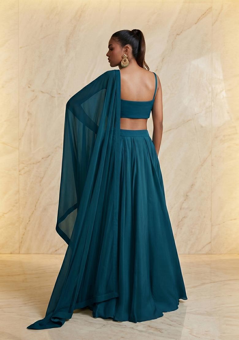 Teal Embroidered Handwork Lehenga Set - Indya