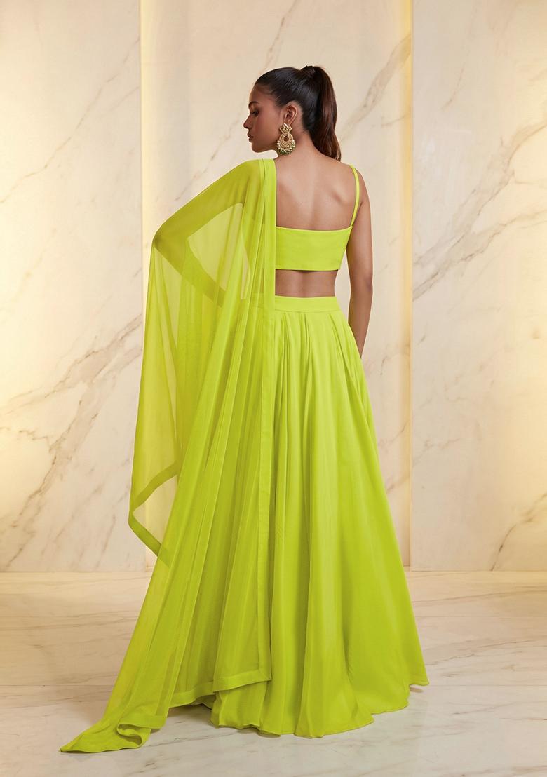 Lime Green Embroidered Handwork Lehenga Set - Indya