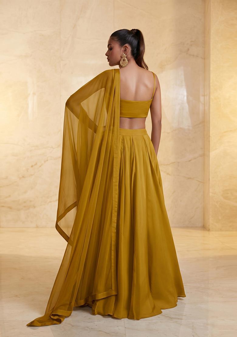 Mustard Yellow Embroidered Handwork Lehenga Set - Indya