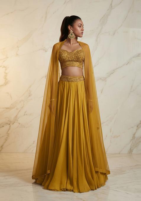 Mustard Yellow Embroidered Handwork Lehenga Set