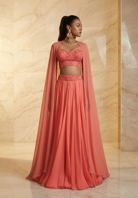 Peach Embroidered Handwork Lehenga Set