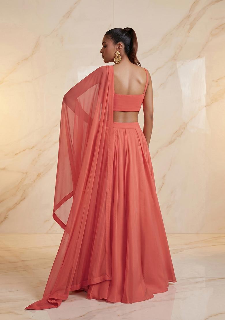 Peach Embroidered Handwork Lehenga Set - Indya