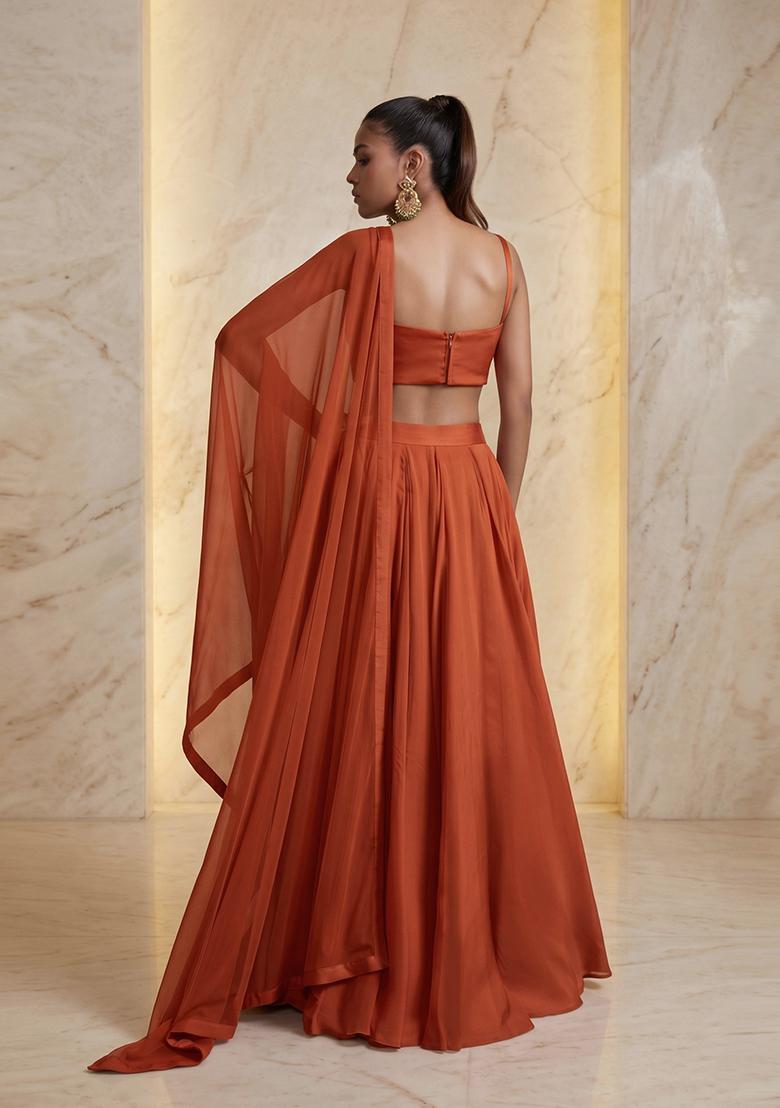 Orange Embroidered Handwork Lehenga Set - Indya