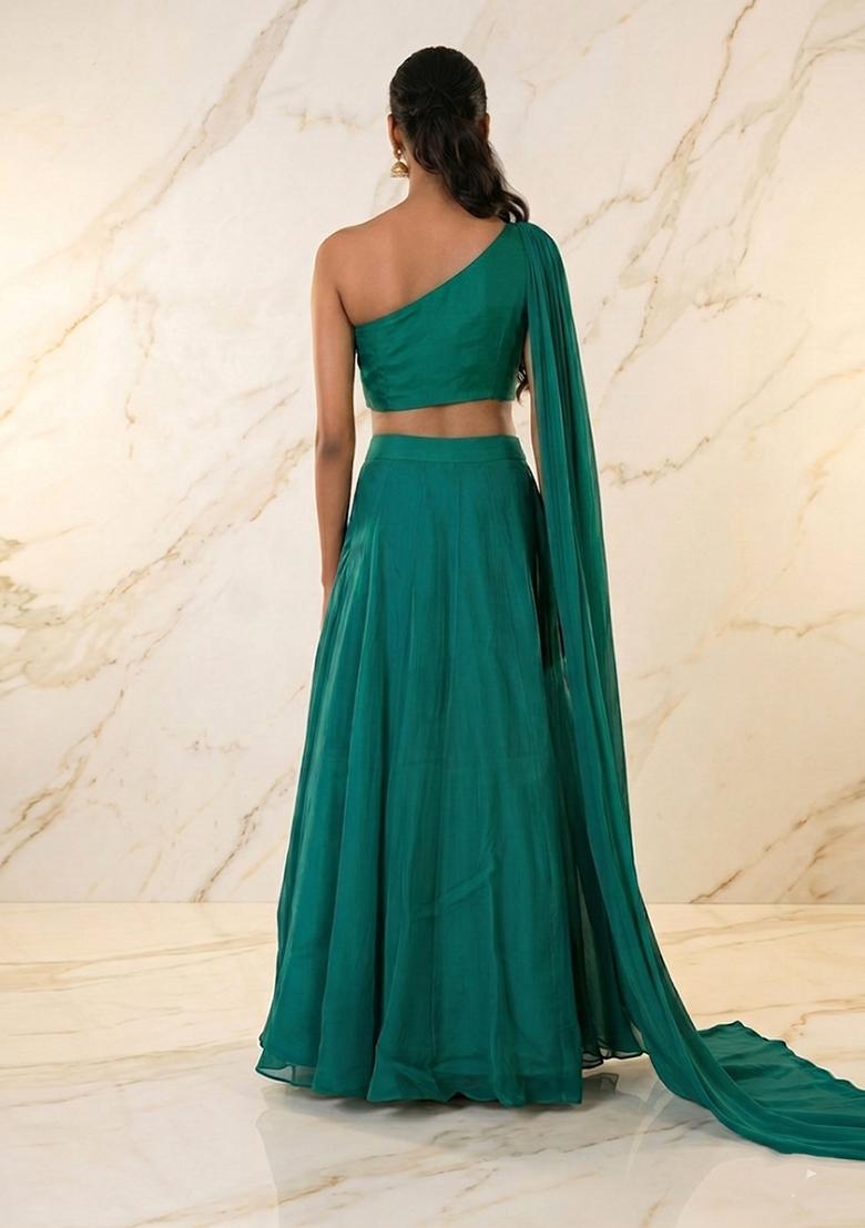 Teal Green Embroidered Handwork Lehenga Set - Indya