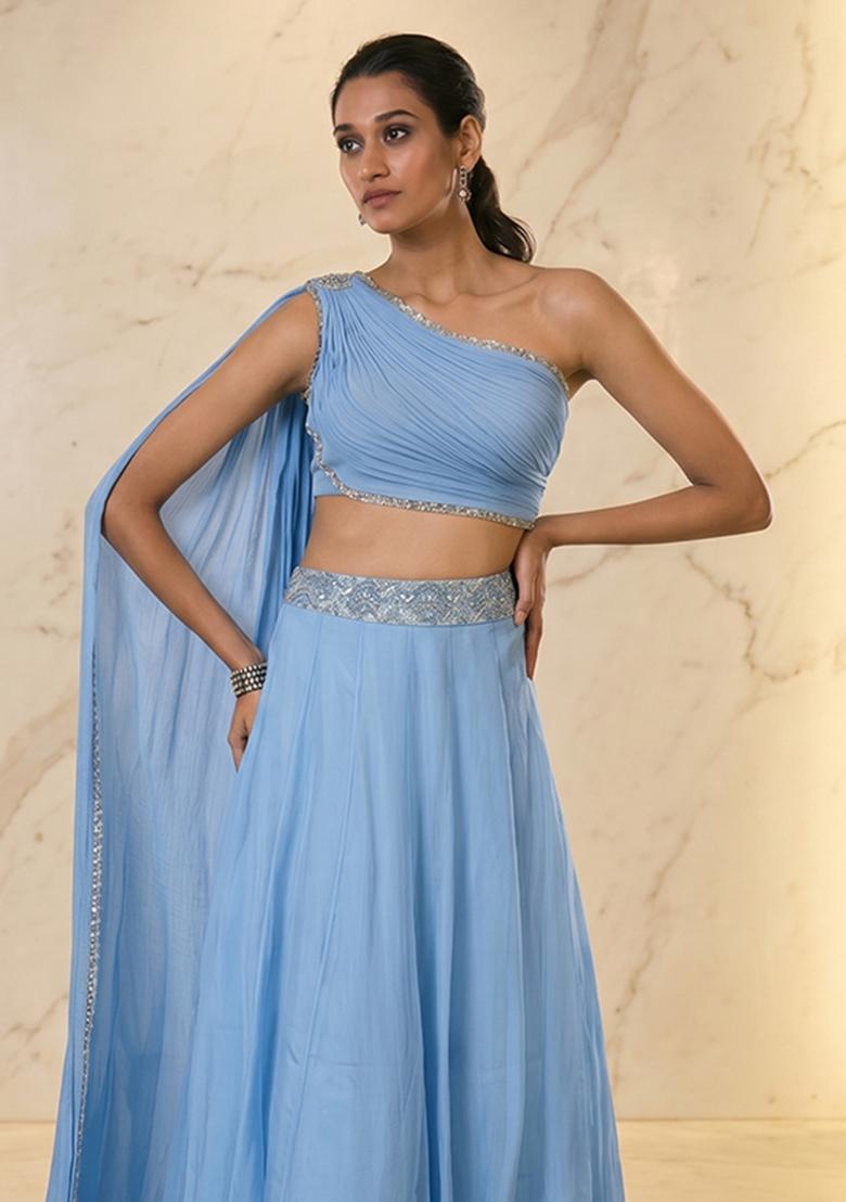 Light Blue Embroidered Handwork Lehenga Set - Indya