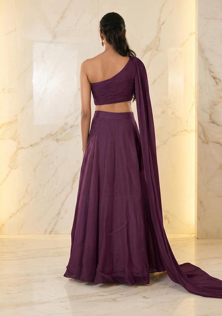 Dark Purple Embroidered Handwork Lehenga Set - Indya