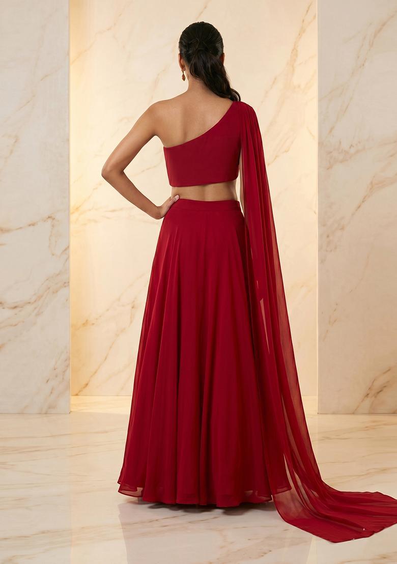 Deep Red Embroidered Handwork Lehenga Set - Indya