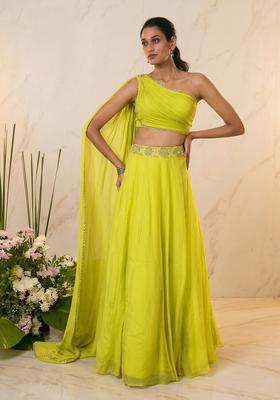 Lime Green Embroidered Handwork Lehenga Set