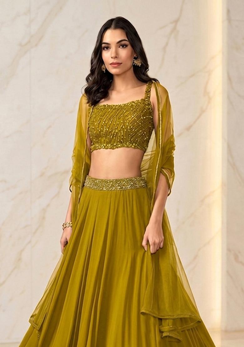 Green Embroidered Handwork Lehenga Set - Indya