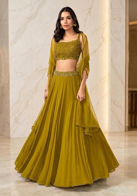 Green Embroidered Handwork Lehenga Set