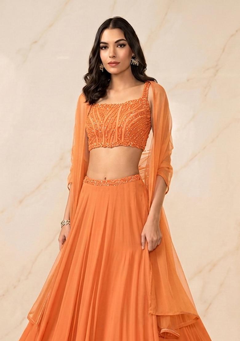 Peach Embroidered Handwork Lehenga Set - Indya