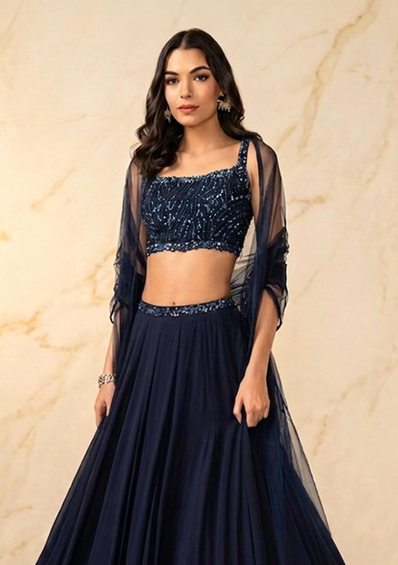 Navy Blue Embroidered Handwork Lehenga Set - Indya